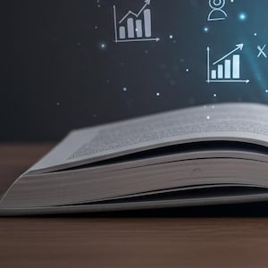 May include: An open book with a glowing blue chat bubble that says "ChatGPT" above it. The chat bubble is surrounded by white icons of graphs, people, and other business-related symbols.