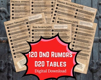 DnD Tables | Digital Download | Rumors | DM Tools | Dungeons and Dragons 5E | Homebrew | RPG Settings | Cheat Sheets | Gifts | Characters
