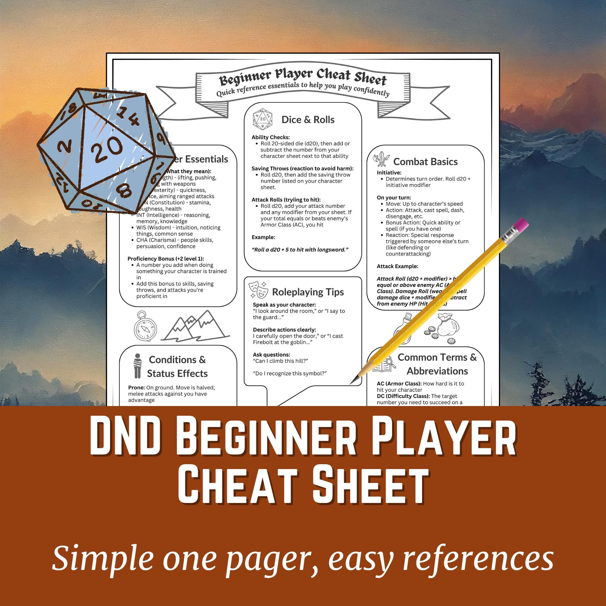 DnD Beginner Cheat Sheet | Digital Download | DM Tools | Dungeons and Dragons 5E | New Player Tips | Gifts | Dungeon Master Resources | RPG