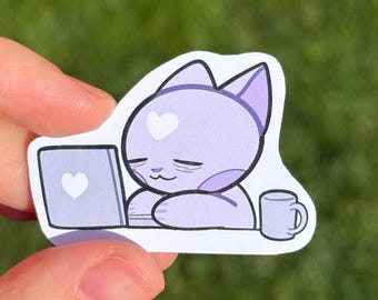 Pegatina de gato pastel cansado para portátil, oficina, IT, compañero de trabajo, regalo, lindo humor de agotamiento, decoración de escritorio para adulto, amigo, programador, desarrollador, trabajador tecnológico