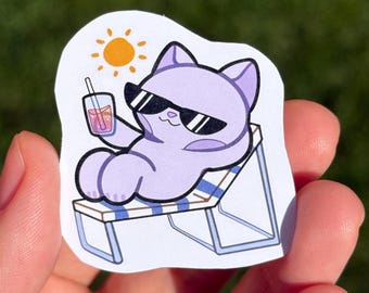 Pegatina relajante, lindo gato, vacaciones de verano, bebida, pastel morado, regalo para amiga, compañera de trabajo, hermana, estética relajante, fin de semana festivo, vibraciones de sol