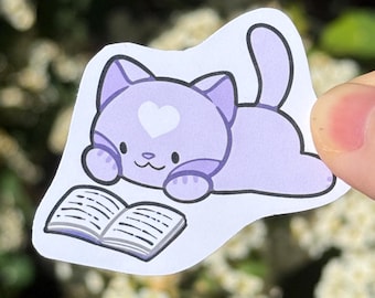 Bonita pegatina de gato leyendo, regalo para amantes de los libros, calcomanía de vinilo de gatito pastel, lector, estudiante, profesor, amigo, niño, adolescente, planificador, diario, portátil