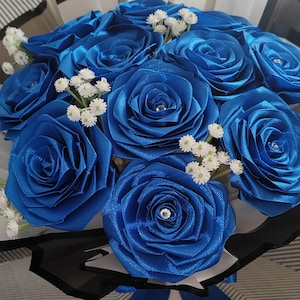 Blue Satin Rose Bouquet – Faux Flowers with Rhinestones