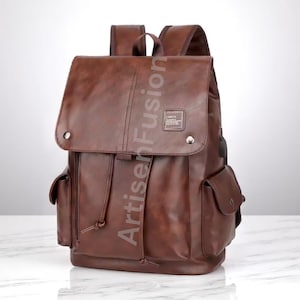 Sac à dos en cuir pour homme : sac d'école et de voyage imperméable, cartable décontractée pour ordinateur portable, sac unisexe à la mode pour le travail ou l'université