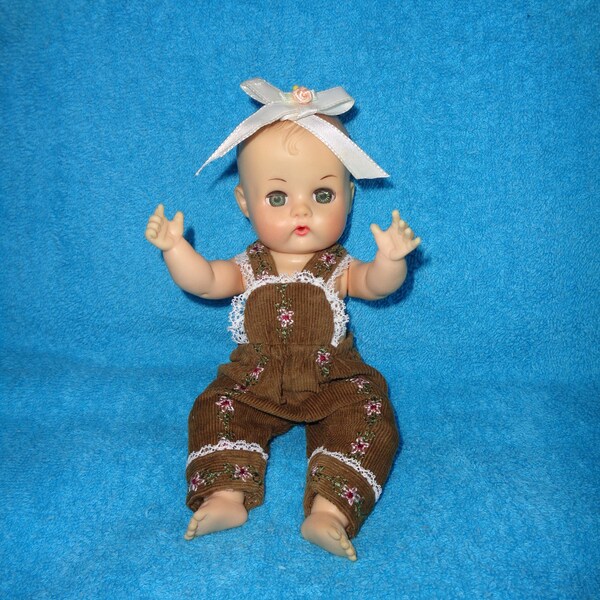 Vogue 1956 Genuine GINNETTE Baby Doll ~8" Tall WORKING Squeaker ~Molded Hair ~Sleep Eyes ~Brown Bib Jumper ~Ginny Family of Dolls ~CLEAN