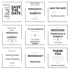 Modelo de convite de casamento minimalista em preto e branco, editável no Canva, salve a data e cartões de agradecimento, 20 designs, download digital