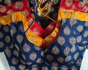 Heavy Azrakh Print cotton Blouse: Bollywood Party Wear, Wedding Saree Blouse.