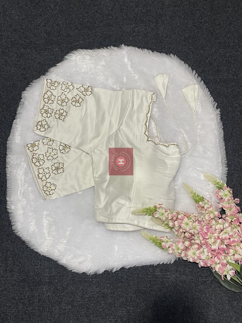 Silk Blouse with handwork | Designer Bridal Blouse | Festive Indian Choli. White