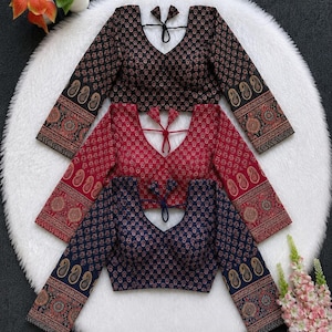 Heavy Ajrakh Print cotton Full Sleeve Blouse: Bollywood Party Wear, Wedding Saree Blouse.
