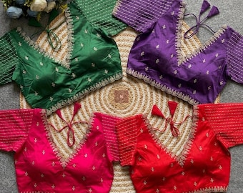 Heavy Banarasi Silk Blouse: Bollywood Party Wear, Gliter Sequance , Jari and Dori Work.