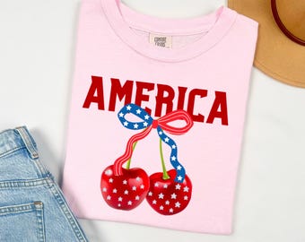 America Cherry T-Shirt, 4th Of July Shirt, Patriotic Bow T-Shirt, USA Summer Shirt, Vintage Inspired Fourth of July Tee, USA Flag Tee