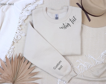 Personalized Minimalist Sweatshirt, Custom Text Sweatshirt With Names On Neck, Customizable Crewneck Gifts, Personalized Names on Sleeve