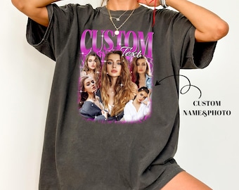 May include: Pepper-colored Comfort Colors t-shirt featuring a custom design. The design includes the text "CUSTOM Text" in a pink gradient, along with a photo of several women. The shirt is a relaxed fit.
