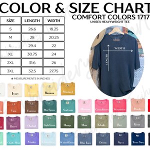 The image is a color and size chart for a comfortable t-shirt, including a color chart with various color options and corresponding sizes, as well as a full-size t-shirt image with measurements and a color swatch.