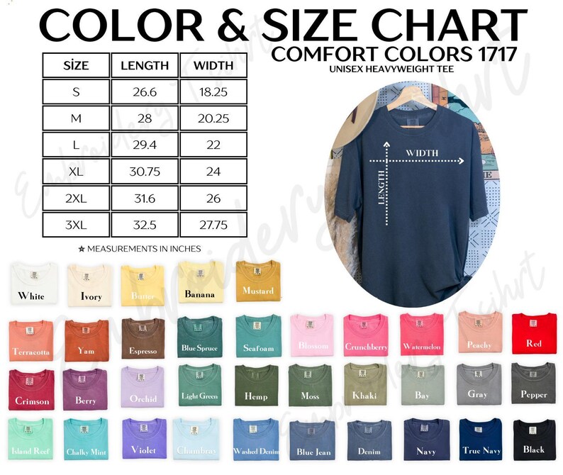 The image is a color and size chart for a comfortable t-shirt, including a color chart with various color options and corresponding sizes, as well as a full-size t-shirt image with measurements and a color swatch.