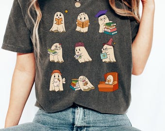 Ghost Reading Books Shirt T-Shirt, Librarian Ghost Halloween Shirt, Bookworm Shirt, Ghost Reading Books Tee, Halloween Teacher Shirt Gift