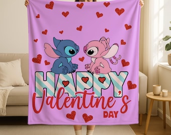 Stitch and Angel Valentines Day Blanket, Happy Valentines Day Gifts, Disney Valentine Gifts, Stitch Lover Couple Blanket,Gift for Girlfriend
