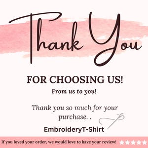 a pink watercolor-style background with the text "Thank You" written in cursive. Below the text, there is a message expressing gratitude for a purchase, and a note that if the customer loved their order, they would love to have their review. The image is described as a collage of multiple images, and it does not contain any redundancy or vague wording.