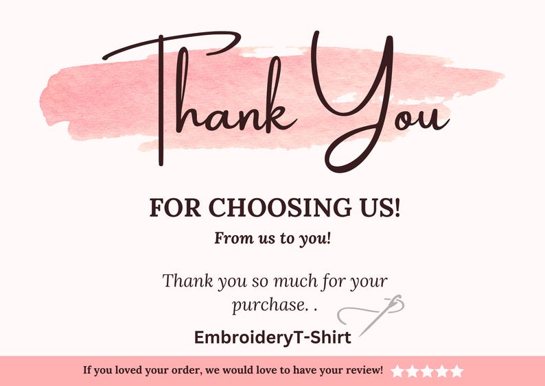 a pink watercolor-style background with the text "Thank You" written in cursive. Below the text, there is a message expressing gratitude for a purchase, and a note that if the customer loved their order, they would love to have their review. The image is described as a collage of multiple images, and it does not contain any redundancy or vague wording.