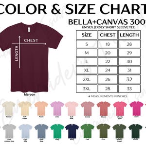 The image is a color and size chart for a maroon short sleeve t-shirt. It includes a maroon t-shirt and a chart with measurements for chest, chest length, and sleeve length. The chart also lists various color options and sizes for the t-shirt.