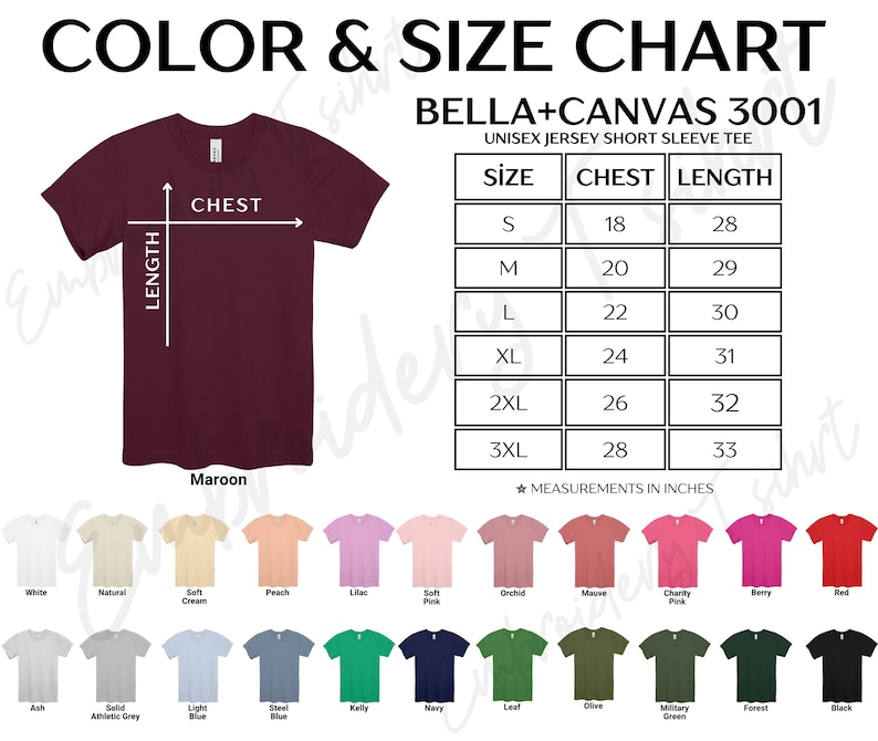 The image is a color and size chart for a maroon short sleeve t-shirt. It includes a maroon t-shirt and a chart with measurements for chest, chest length, and sleeve length. The chart also lists various color options and sizes for the t-shirt.