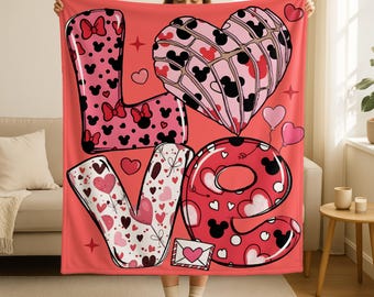 Disney Mickey Head Love Blanket, Disney Valentine Home Decor, Disney Love Blanket, Gift For Wife, Mickey Minnie Valentine Gift,Romantic Gift