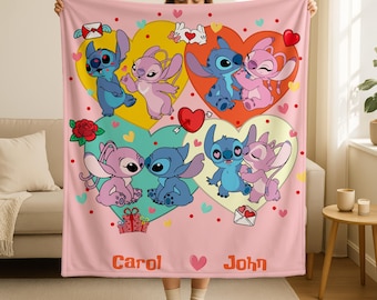 Personalized Disneyland Stitch Angel Valentine Blanket, Stitch And Angel Throw Blanket, Stitch Lover Gifts, Valentines Gift, Blanket Gift