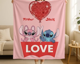 Personalized Stitch Valentine Balloons Blanket, Stitch Angel Love Throw, Valentine Home Decor, Disney Love Gifts, Disney Couple Blanket Gift