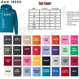 The image is a size chart for a GILDA 18500 hoodie, showing the different widths and corresponding measurements for the sleeves, chest, and length.