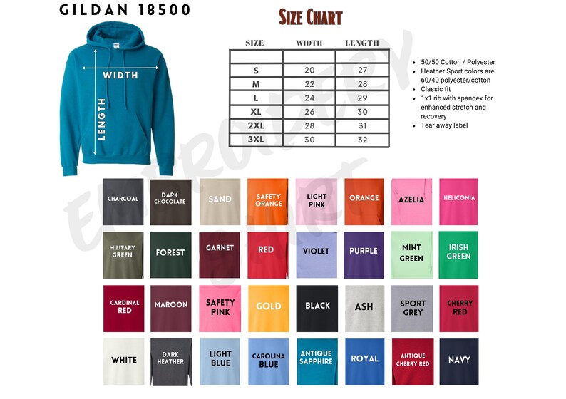 The image is a size chart for a GILDA 18500 hoodie, showing the different widths and corresponding measurements for the sleeves, chest, and length.