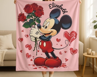Personalized Name Mickey Mouse Valentine Blanket, Disney Valentines Day Throw Blanket,Perfect Gift for Girlfriend,Disney Mickey Love Blanket