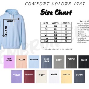 The image is a size chart for a blue hoodie, providing measurements in inches and displaying color swatches for different sizes.