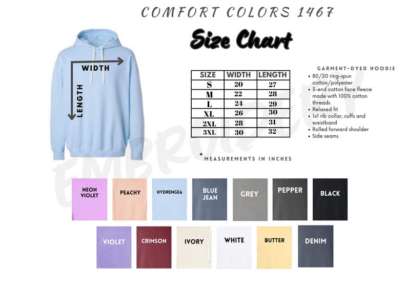 The image is a size chart for a blue hoodie, providing measurements in inches and displaying color swatches for different sizes.