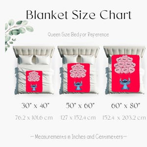 The image is a size chart for a blanket, providing measurements in inches and centimeters for different queen sizes.