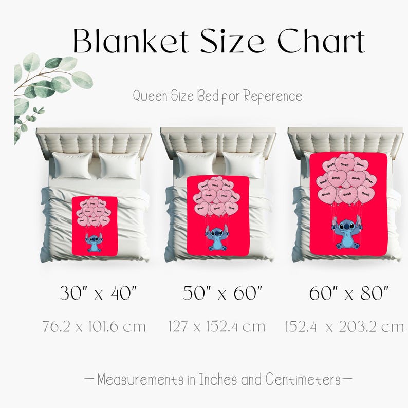 The image is a size chart for a blanket, providing measurements in inches and centimeters for different queen sizes.