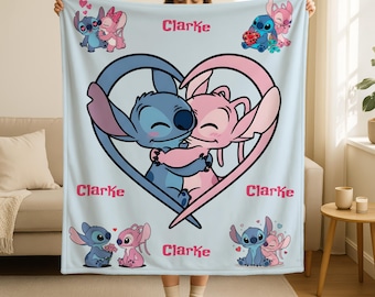 Personalized Stitch and Angel Blanket, Stitch Love Blanket, Disney Valentine Home Decor, Custom Name Baby Soft Blanket, Disney Romantic Gift