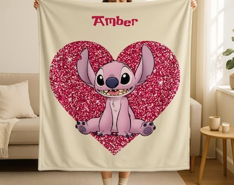 Petsonalized Angel Heart Blanket, Glitter Heart Stitch and Angel Throw Blanket, Custom Name Kids Home Decor, Stitch and Angel Lover Gift,