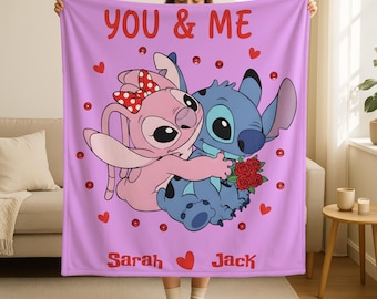 Personalized Stitch And Angel Valentine Blanket, Custom Name Lilo And Stitch Throw, Cute Cartoon Character Valentine Gift, Valentine Blanket