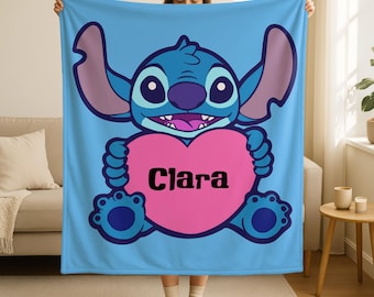 Personalized Disneyland Stitch Heart Valentine Blanket,  Valentine's Day Stitch Blanket, Lilo and Stitch Birthday Gift, Stitch Lover Gifts