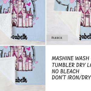 a collage of four different images, each featuring a castle illustration. The first image is labeled "Sherpa Elizabeth", the second "Minky Elizabeth", the third "Minky Elizabeth", and the fourth "Minky Elizabeth". The text below the castle illustration provides instructions for washing and drying the blanket, stating "MASHINE WASH COLD TUMBLER DRY LOW NO BLEACH DON'T IRON/DRY CLEAN".