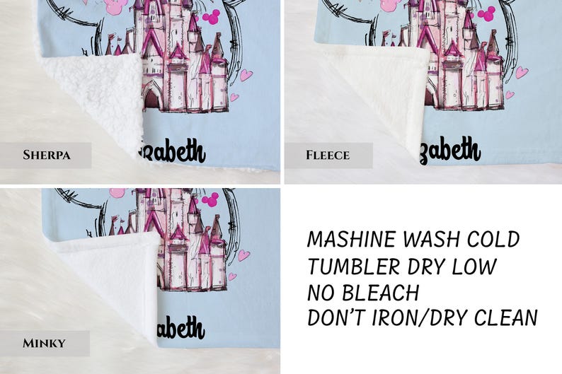 a collage of four different images, each featuring a castle illustration. The first image is labeled "Sherpa Elizabeth", the second "Minky Elizabeth", the third "Minky Elizabeth", and the fourth "Minky Elizabeth". The text below the castle illustration provides instructions for washing and drying the blanket, stating "MASHINE WASH COLD TUMBLER DRY LOW NO BLEACH DON'T IRON/DRY CLEAN".