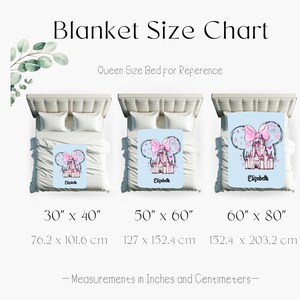 The image is a size chart for a blanket, providing measurements in inches and centimeters for Queen Size Bed for Reference.