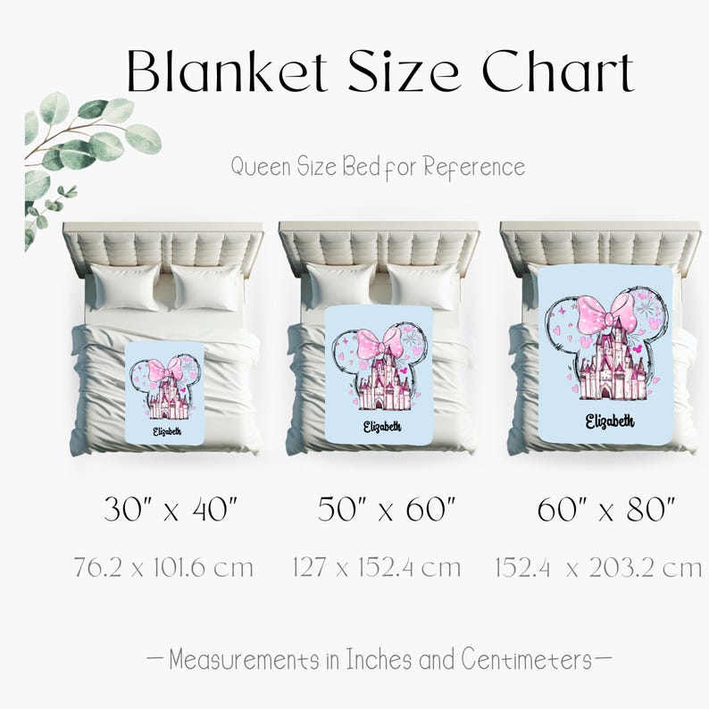The image is a size chart for a blanket, providing measurements in inches and centimeters for Queen Size Bed for Reference.