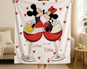 Disney Couple Valentines Blanket, Love You Blanket, Mickey Minnie Love Kiss Throw, Disney Valentine Gift, Mickey Minnie Mouse Wine Blanket