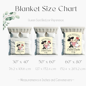 The image is a size chart for a blanket, showing the dimensions of the blanket in inches and centimeters.
