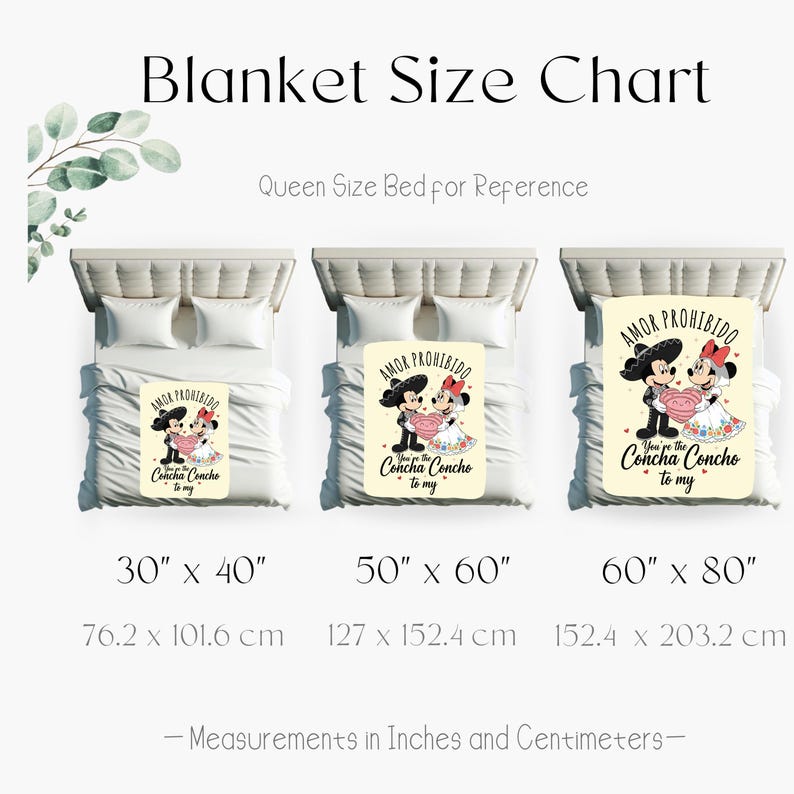 The image is a size chart for a blanket, showing the dimensions of the blanket in inches and centimeters.