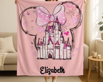 Customized Minnie Mouse Valentine Blanket, Personalized Name Disney Castle Baby Blanket, Disney Fleece Mink Sherpa Blanket, Baby Shower Gift