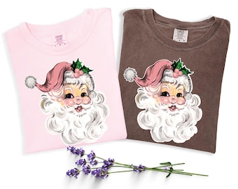 Comfort Colors Pink Christmas Shirt Gift, Retro Santa Face T-Shirt, Women's Holiday Tee, Cute Santa Christmas Tee, Festive Holiday Shirt