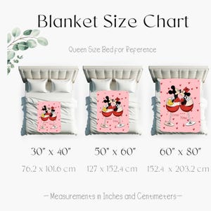 The image is a size chart for a blanket, providing measurements for queen size beds in inches and centimeters.