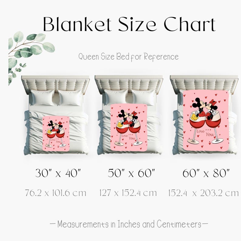 The image is a size chart for a blanket, providing measurements for queen size beds in inches and centimeters.